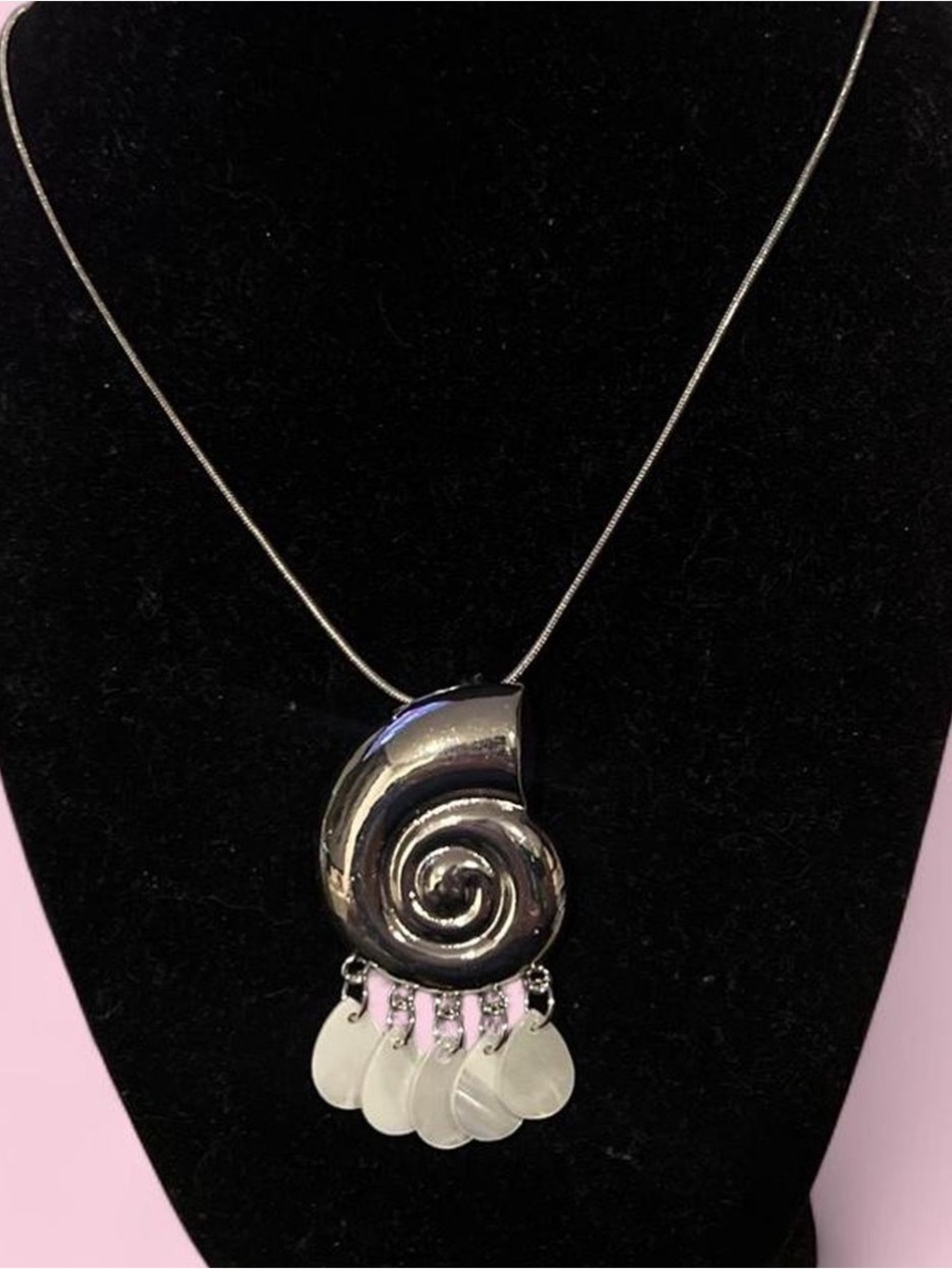 Liz Claiborne Silver Spiral Shell Pendant Necklace with White Dangles